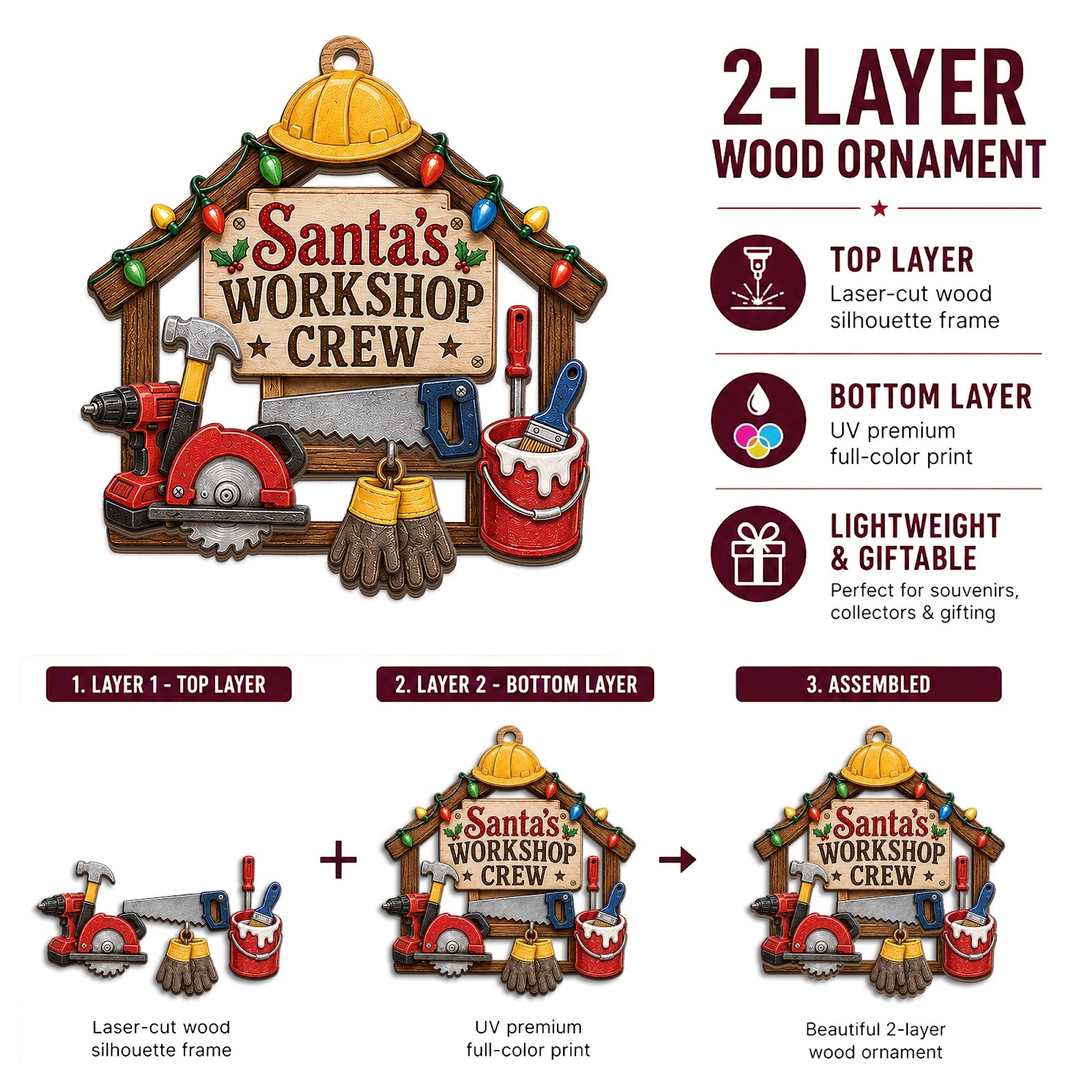 Construction Worker Christmas Ornament, Stocking Stuffer For Hard Hat Worker, Wood Ornament