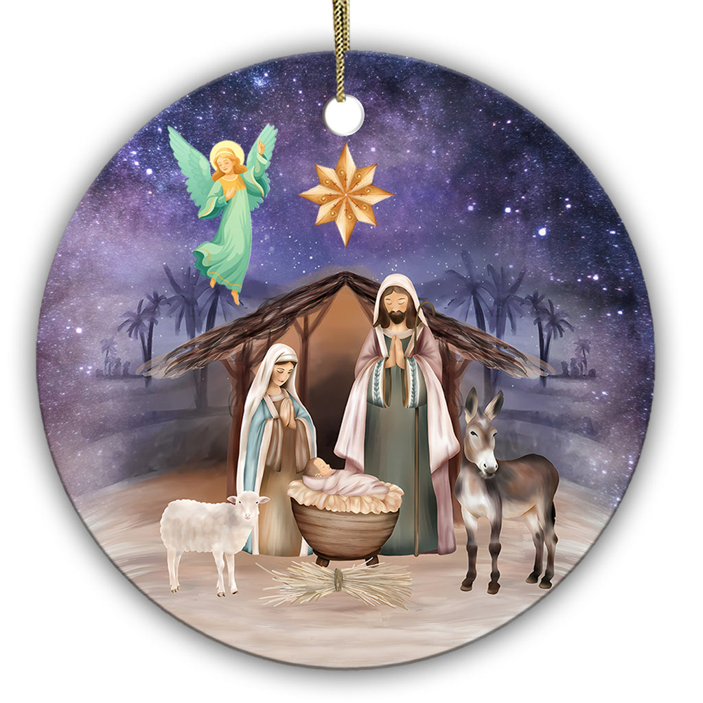 Mary, Joseph and the Manger Beneath a Golden Star and a Hovering Angel. Ceramic Keepsake for Christian Homes.