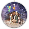 Mary, Joseph and the Manger Beneath a Golden Star and a Hovering Angel. Ceramic Keepsake for Christian Homes.