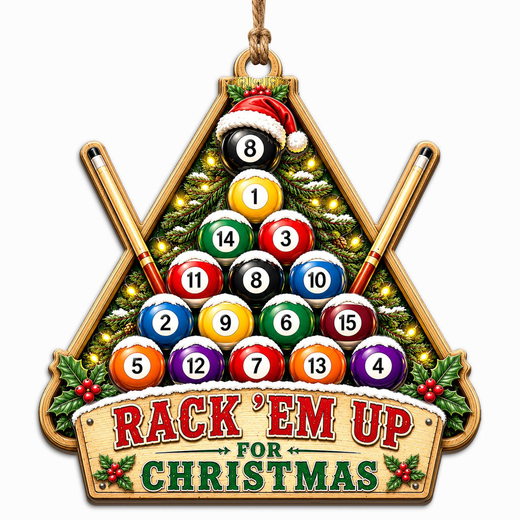 Triangular Rack Of Balls Forms A Tree With The Santa Hatted 8 Ball On Top. Great Gift For Pool Players And Game Room Own