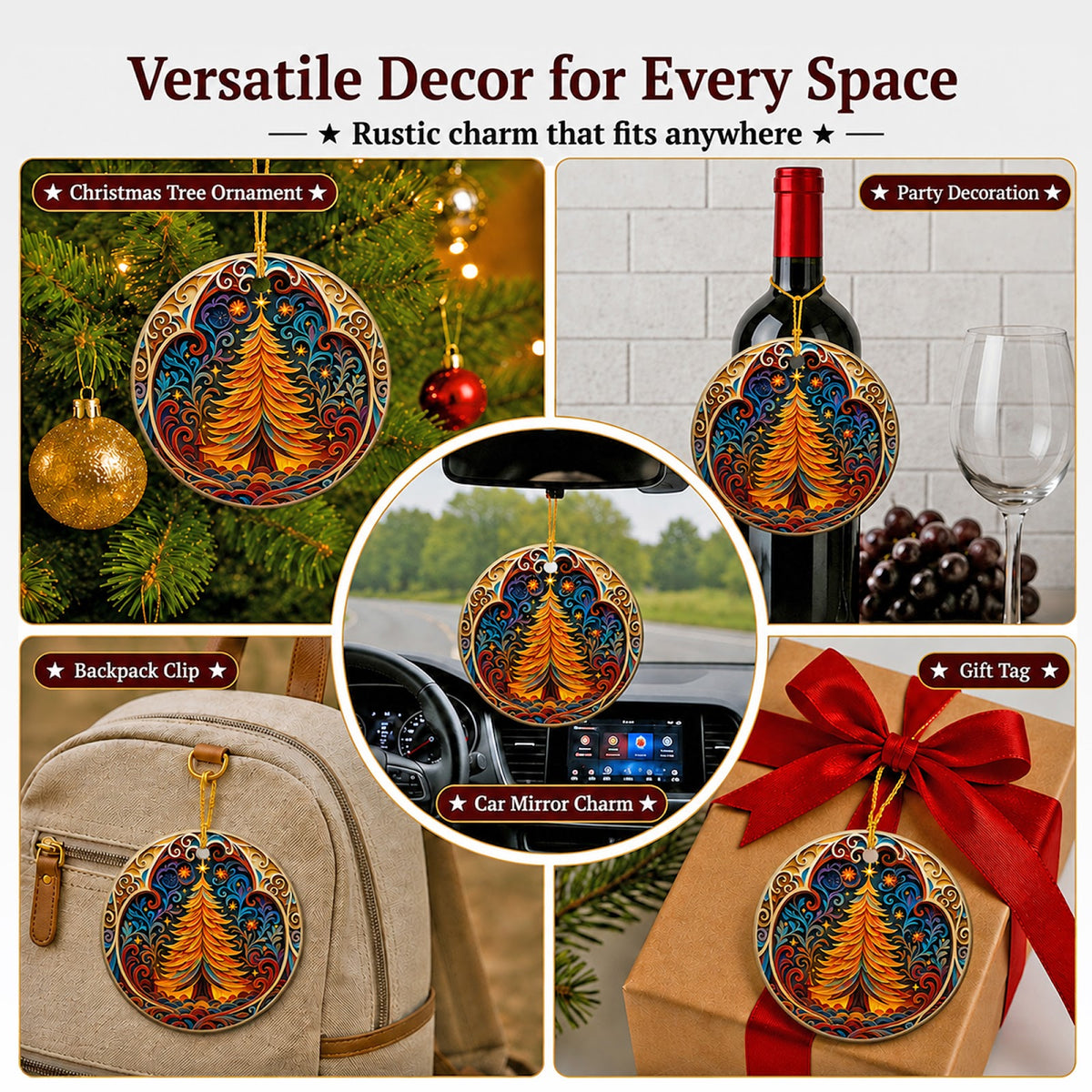 Christmas Tree Christmas Ornament, Folk Art Glowing Carved Star Gift, Ceramic Tree Decoration