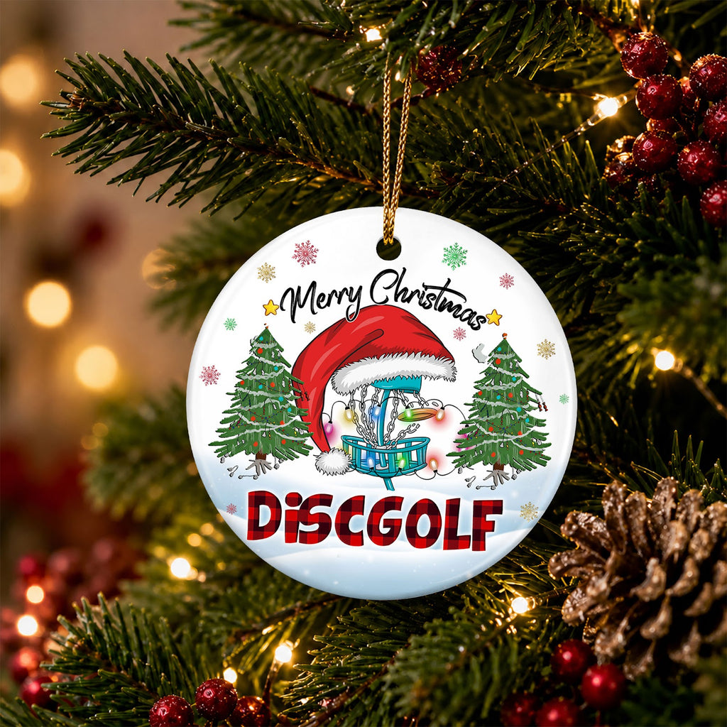 Disc Golf Christmas Ornament, Chain Basket In A Santa Hat Gift, Ceramic Hanging Tree Decoration