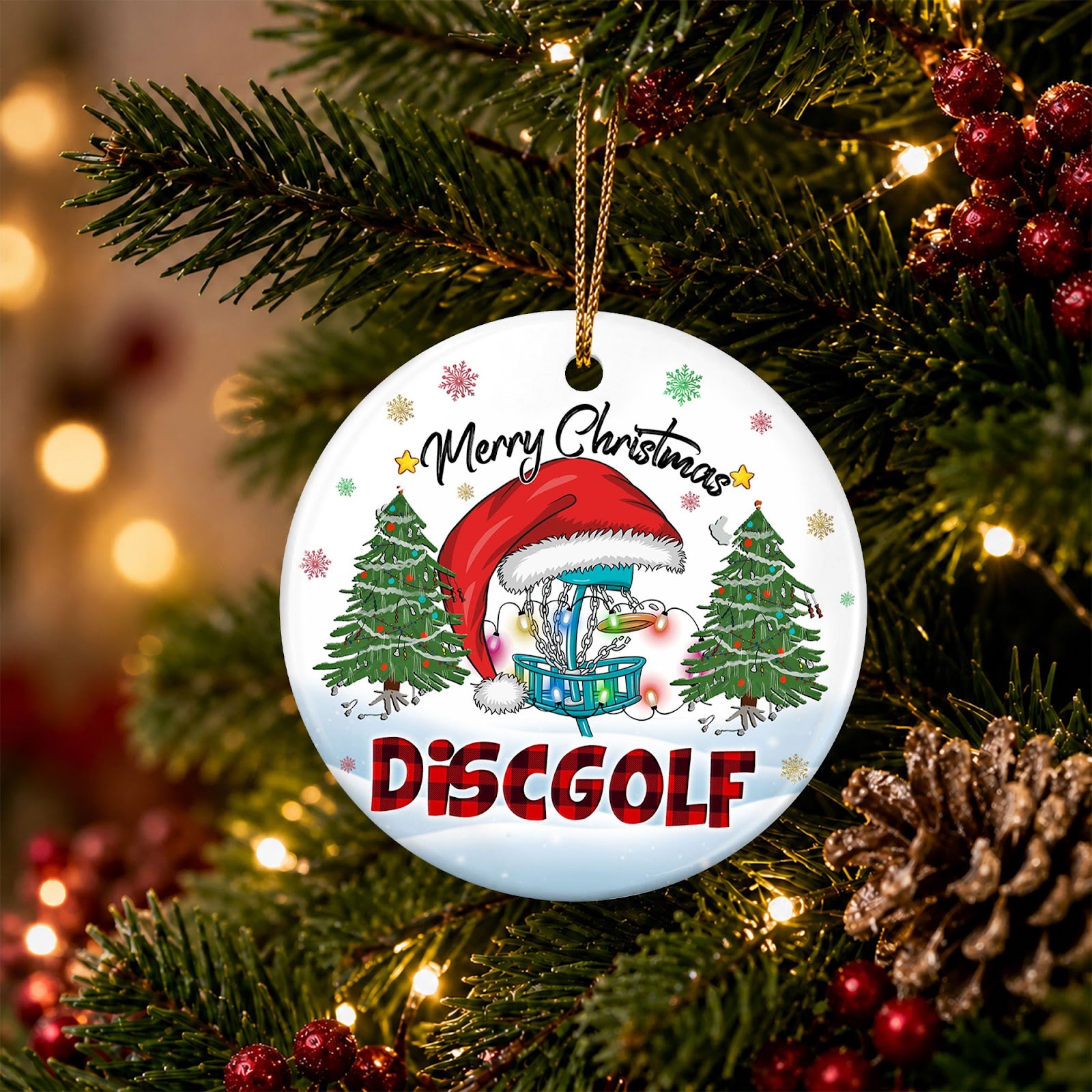 Disc Golf Christmas Ornament, Chain Basket In A Santa Hat Gift, Ceramic Hanging Tree Decoration