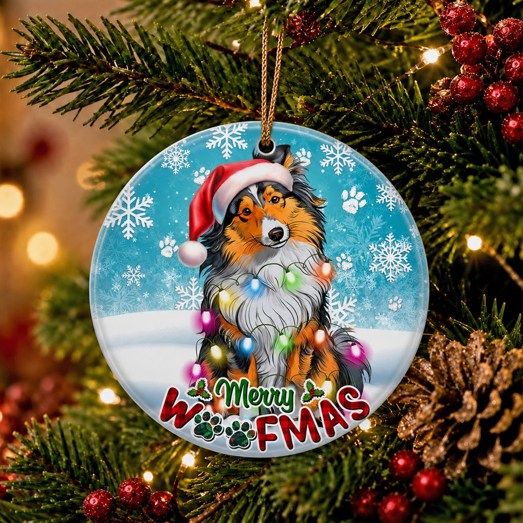 Sheltie Christmas Ornament, Merry Woofmas Collie Gift, Ceramic Hanging Tree Decoration