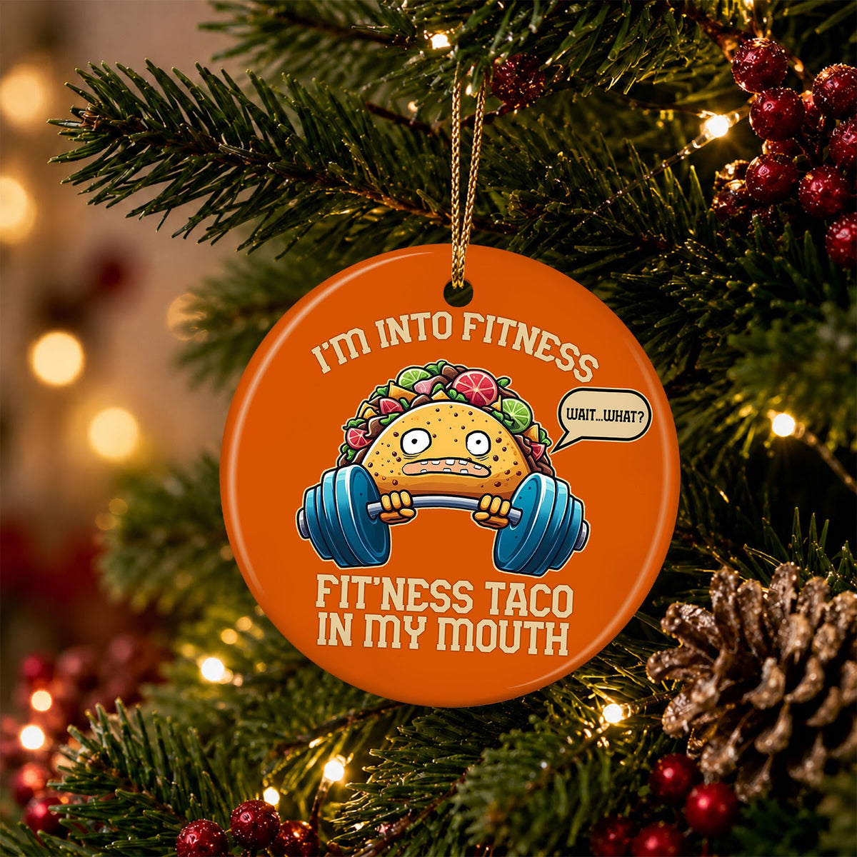 Gym Christmas Ornament, Funny Taco Fitness Pun Gift, Ceramic Hanging Tree Decoration