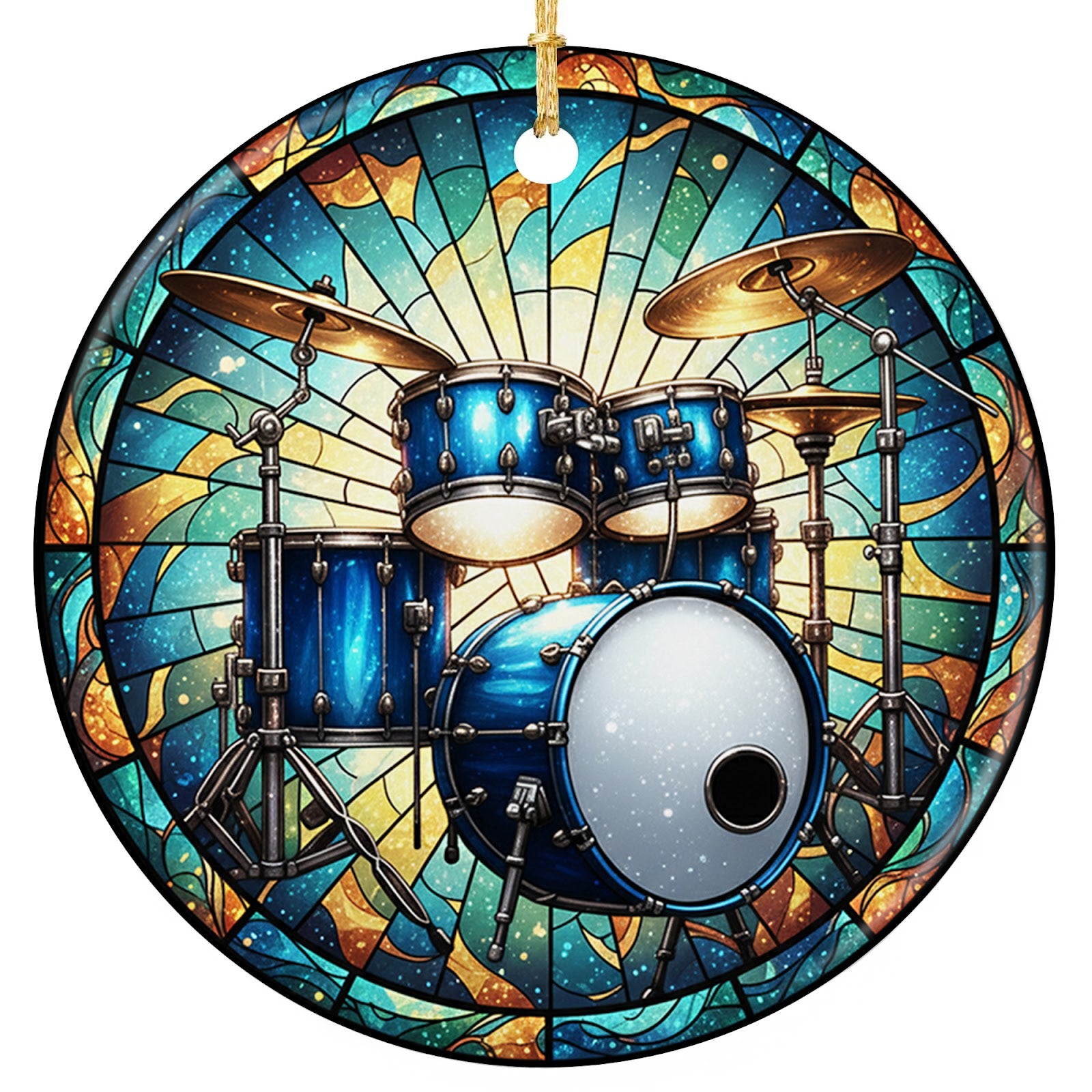 Metallic Blue Kit and Gold Cymbals on Radiant Glass. Ceramic Keepsake for Drummers and Drumline Families.