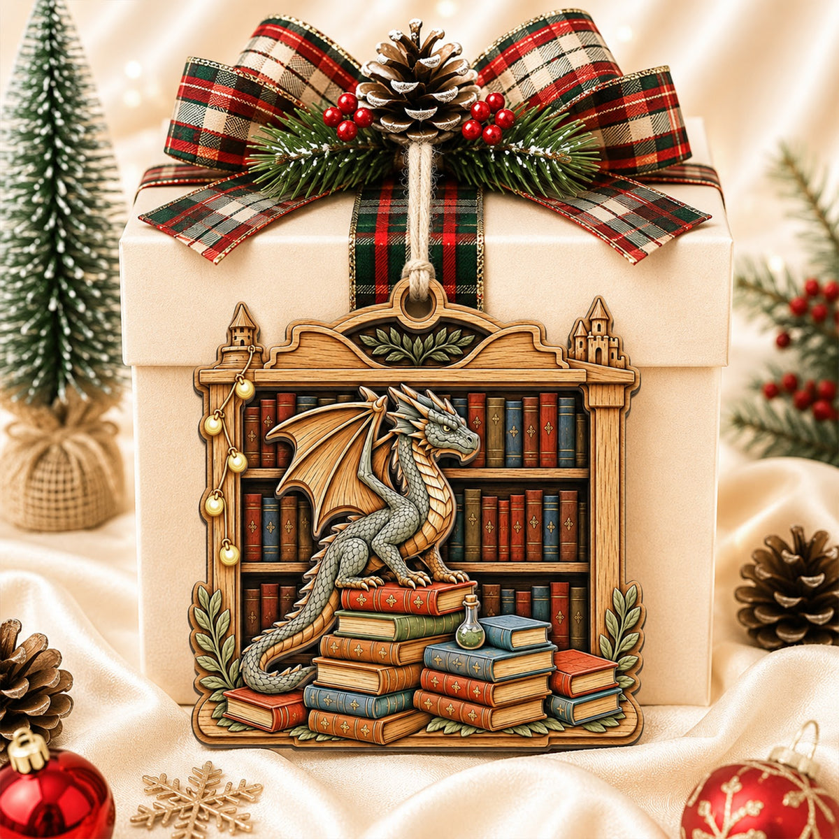 Dragon Love Book Fantasy Magic Christmas Ornament, Dragon Reader Keepsake, Wood Tree Decoration