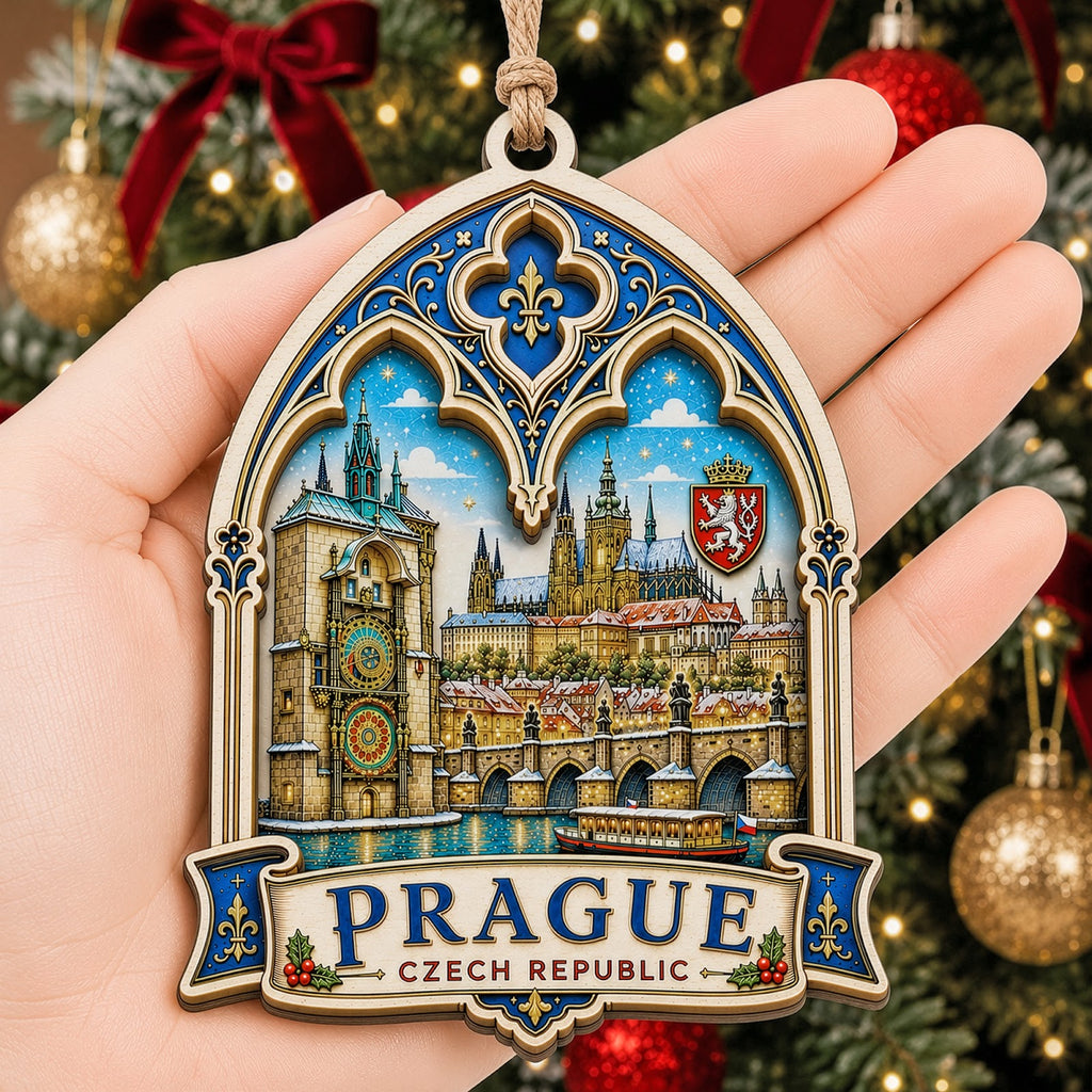 Prague Christmas Ornament, Czech Charles Bridge Souvenir Gift, Wood Hanging Tree Decoration
