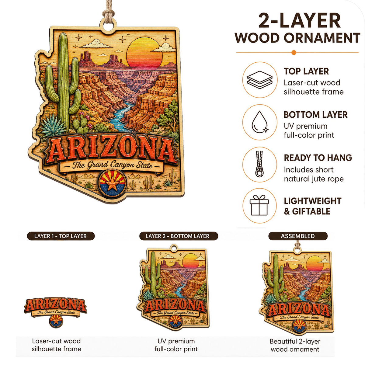 Arizona Christmas Ornament, Saguaro Cactus and Desert Souvenir Gift, Wood Tree Decoration