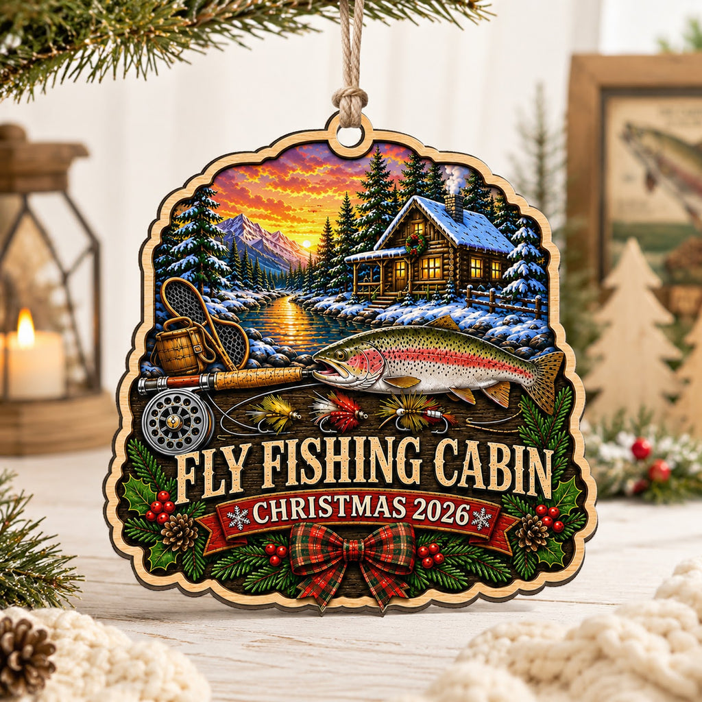 Fishing Cabin Lake Angler Lure Christmas Ornament, Lakeside Cabin Keepsake, Wood Ornament