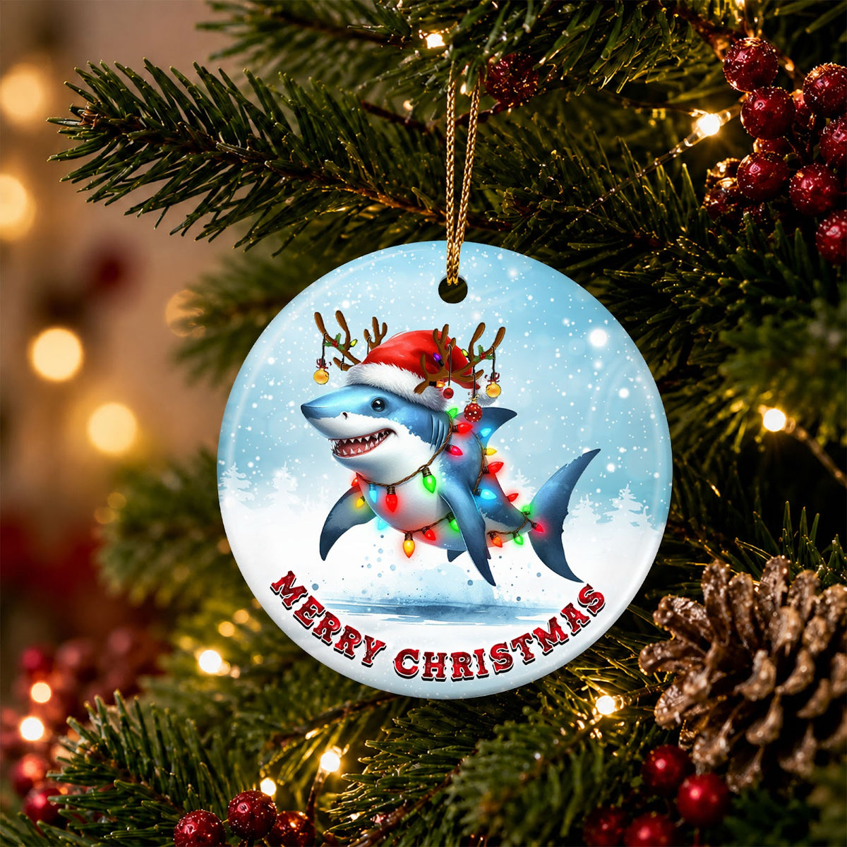 Shark Christmas Ornament, Santa Hat Ocean Animal Gift, Ceramic Hanging Tree Decoration