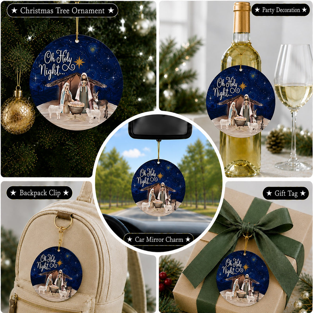 Nativity Christmas Ornament, Oh Holy Night Religious Keepsake, Ceramic Hanging Tree Decoration