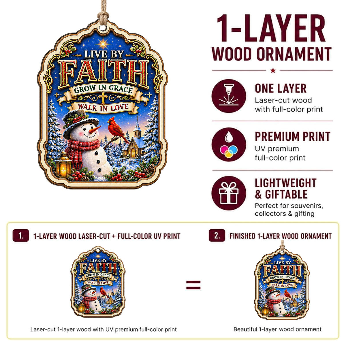 Live By Faith Christmas Ornament, Inspirational Christian Gift, Wood Hanging Tree Decoration