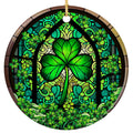 Bright Green Shamrock Inside a Gothic Arched Window of Teal and Green Mosaic Tracery. Ceramic Keepsake.