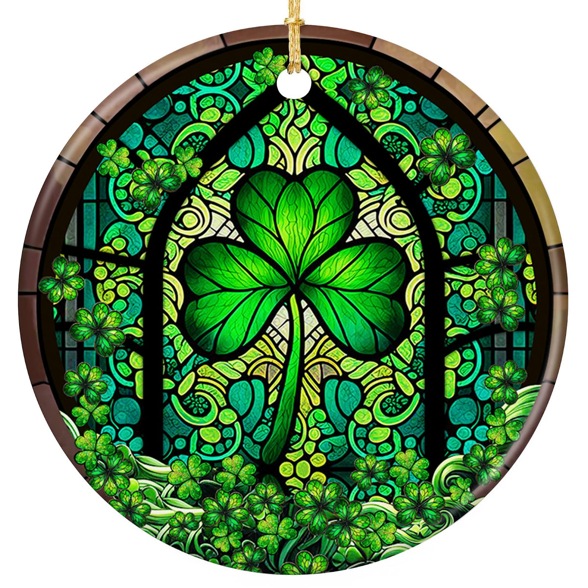 Bright Green Shamrock Inside a Gothic Arched Window of Teal and Green Mosaic Tracery. Ceramic Keepsake.