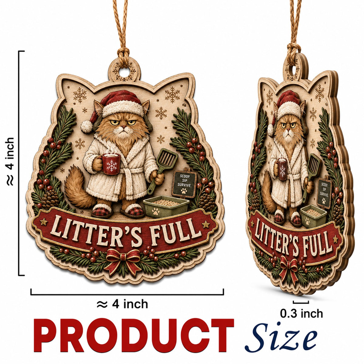 Cat Litter Christmas Ornament, Stocking Stuffer For Cat Mom, Wood Hanging Tree Decoration
