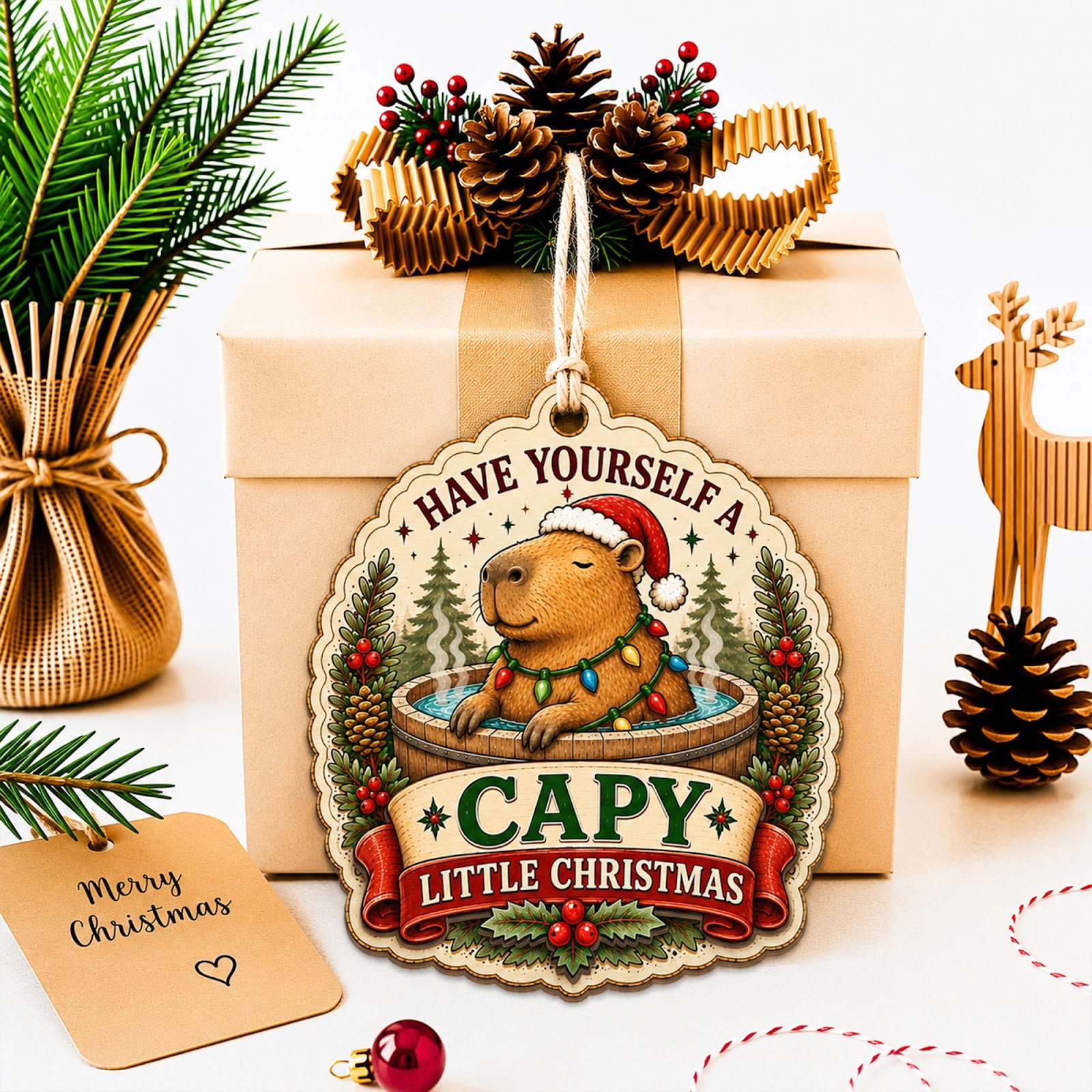 Capybara Christmas Ornament, Stocking Stuffer For Cute Animal Lover, Wood Tree Decoration