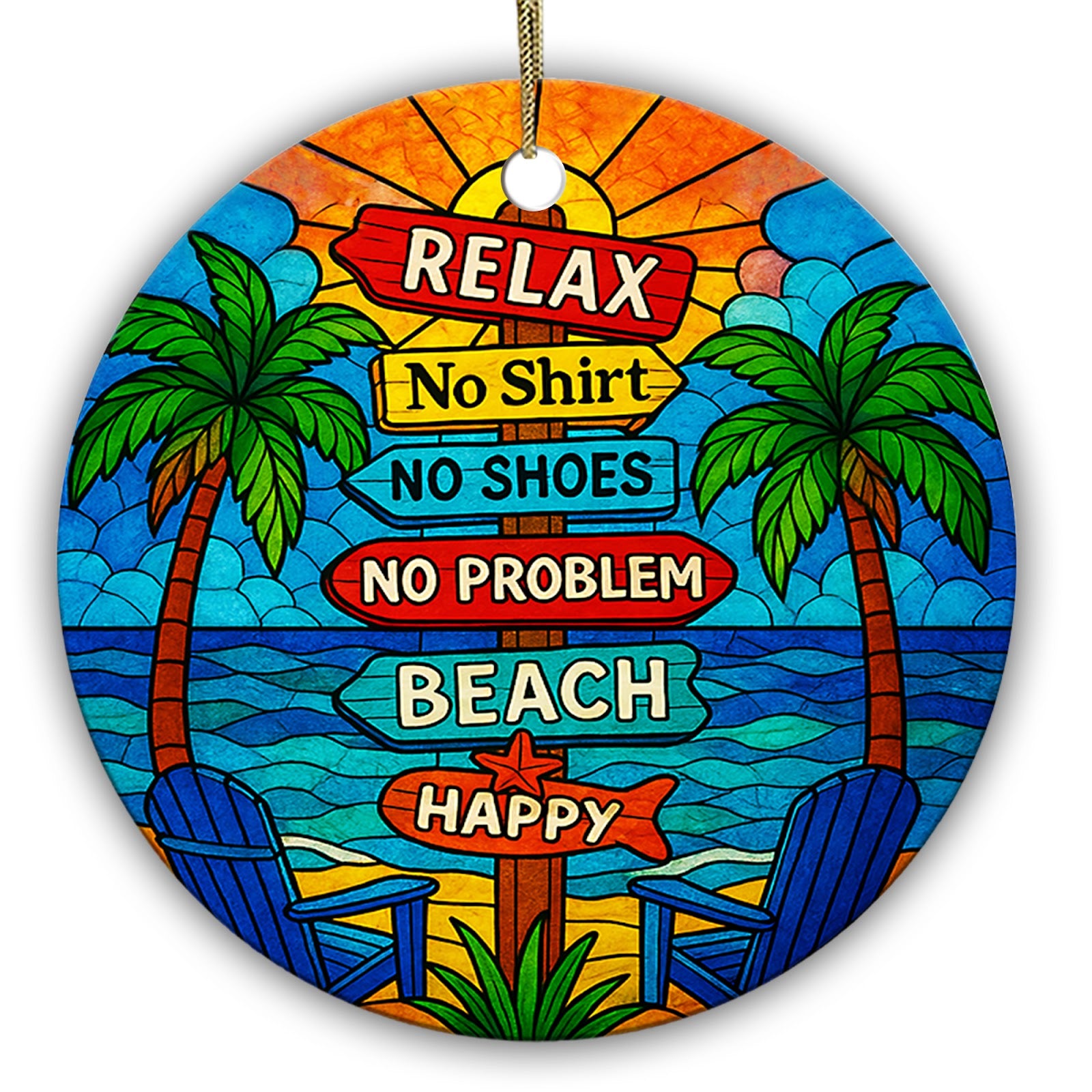 Sunset Signpost, Palms and Blue Beach Chairs. Ceramic Keepsake for Beach Houses and Coastal Christmas Trees.