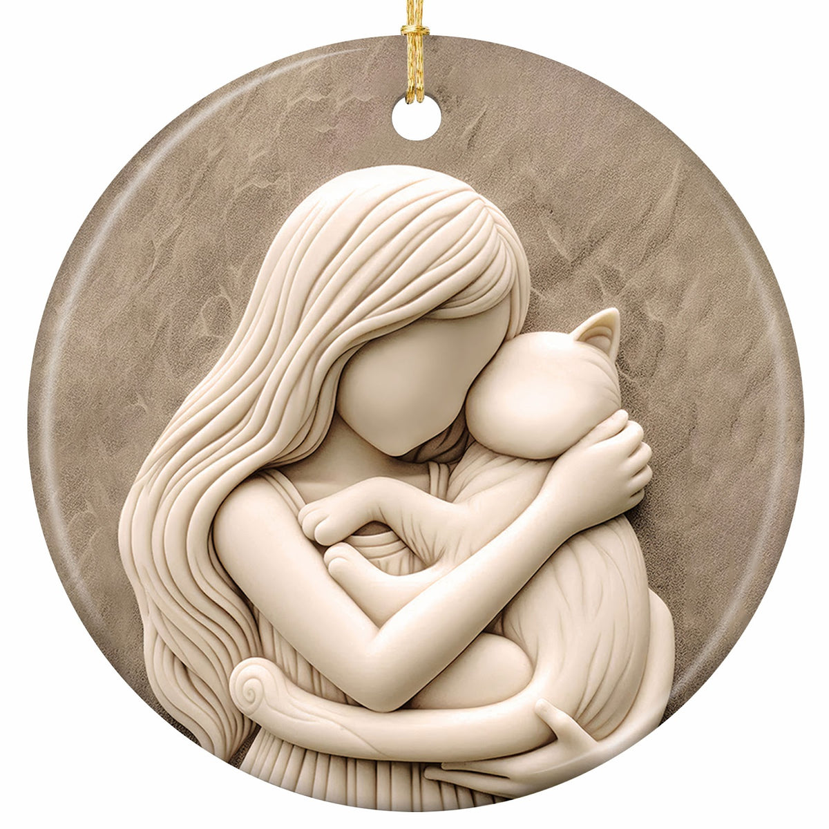 Sculpted Cream Relief of a Woman Cradling Her Cat Against Her Chest. Ceramic Keepsake for Cat Moms.