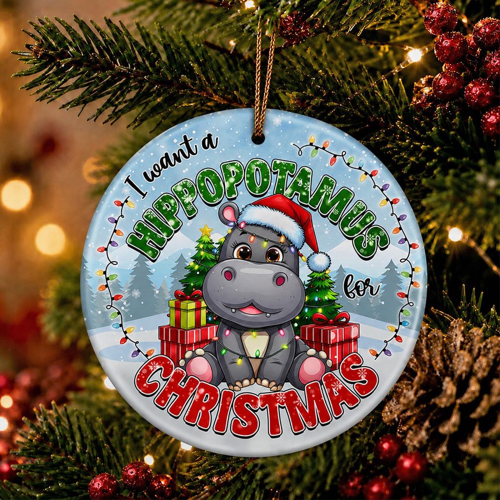 Hippo Christmas Ornament, Cute Baby Animal Nostalgic Gift, Ceramic Hanging Tree Decoration