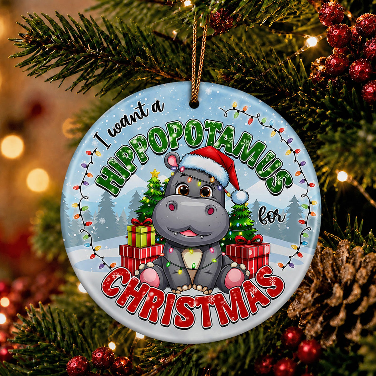 Hippo Christmas Ornament, Cute Baby Animal Nostalgic Gift, Ceramic Hanging Tree Decoration