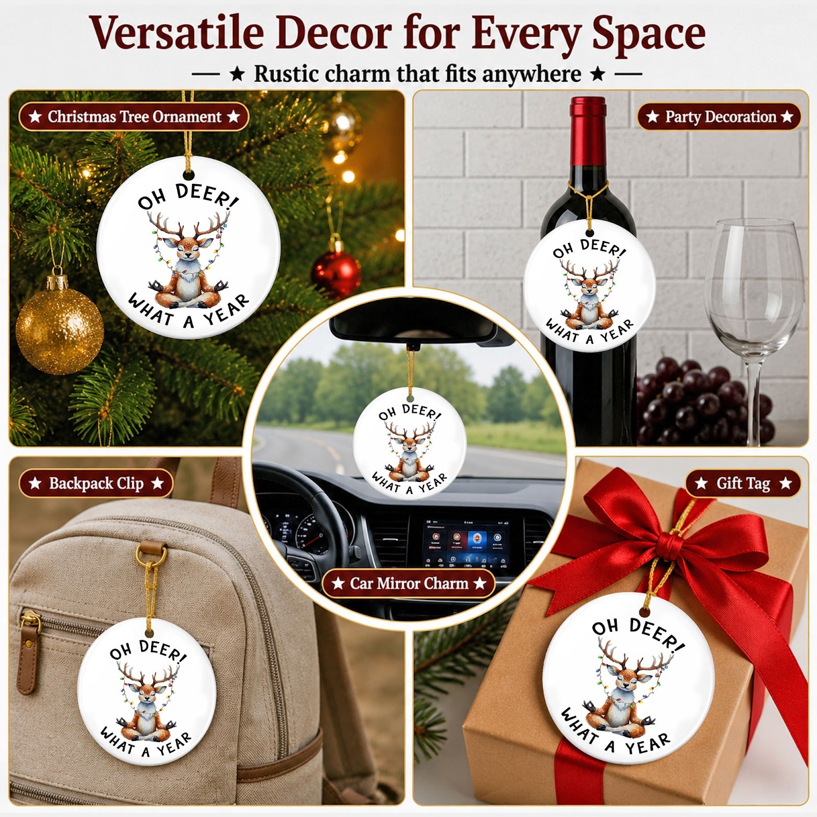 Funny Christmas Ornament, Oh Deer What A Year Yoga Deer Gift Idea, Ceramic Tree Decoration