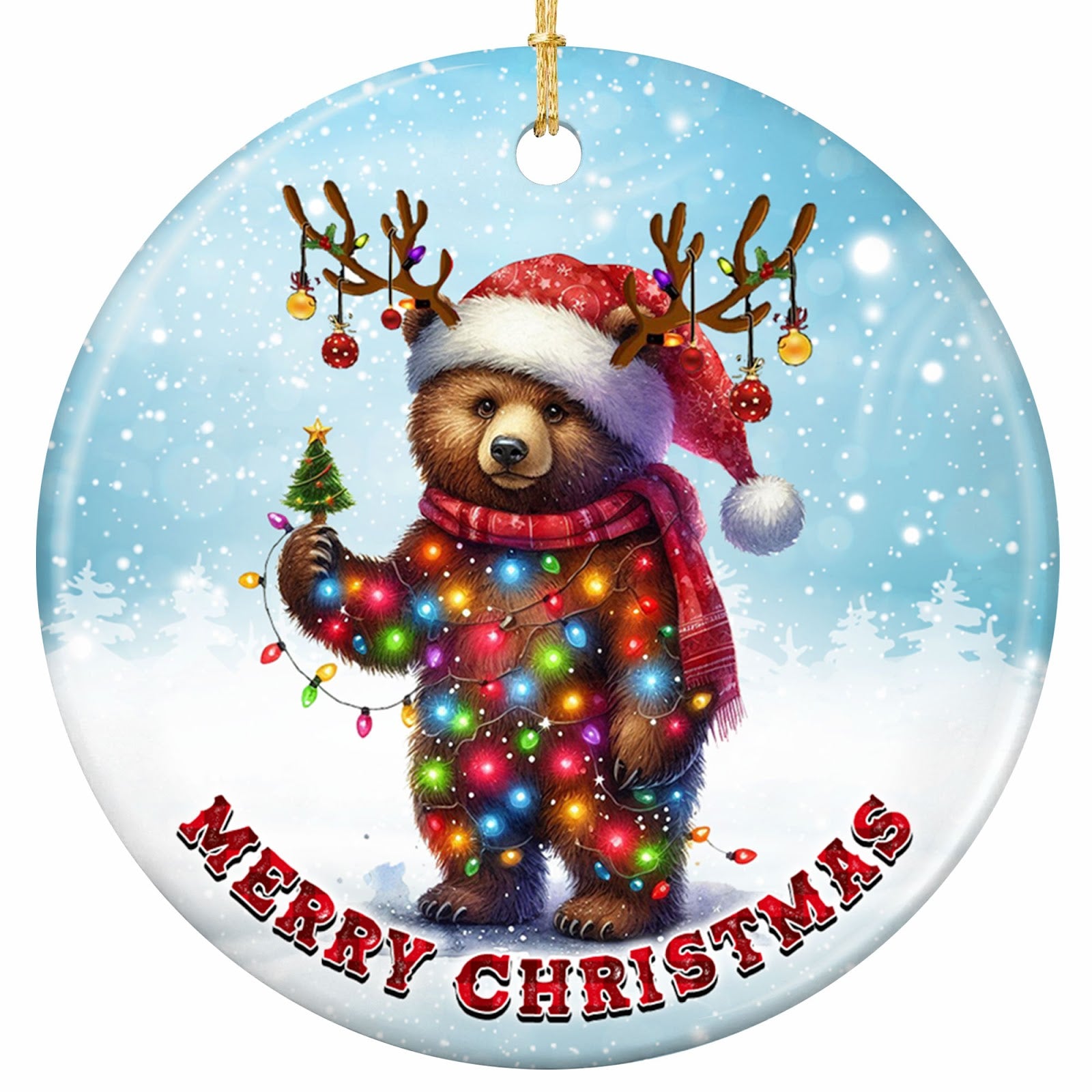 A Grizzly Standing With a Tiny Tree in Its Paw, Strung Densely With Glowing Bulbs. Ceramic Keepsake.