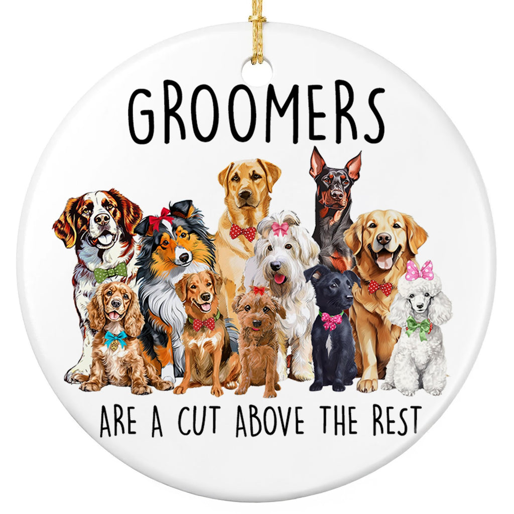 Groomers Are a Cut Above the Rest. Eleven Bow-Tied Dogs on a Ceramic Keepsake for Your Pet Groomer.