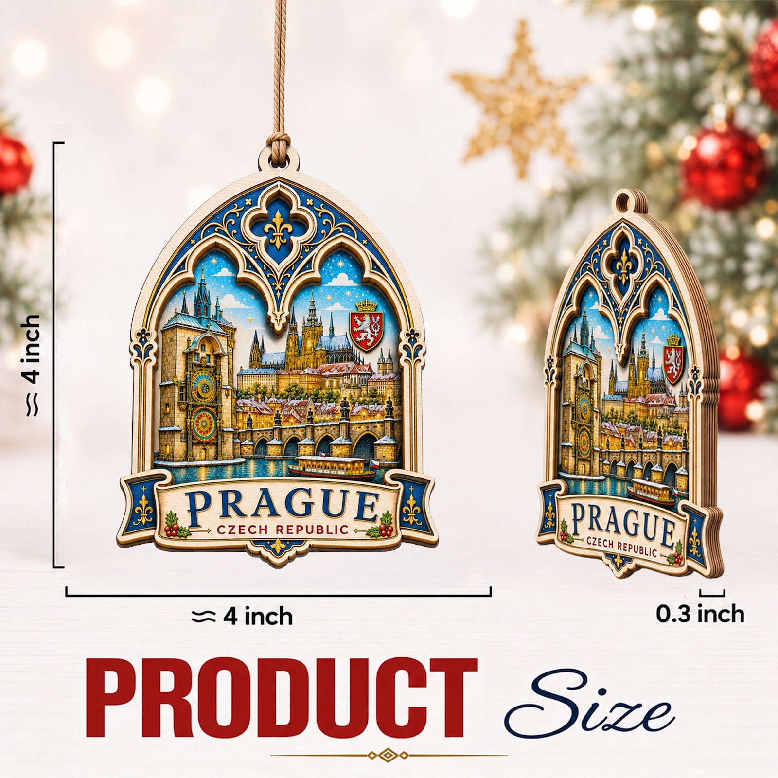 Prague Christmas Ornament, Czech Charles Bridge Souvenir Gift, Wood Hanging Tree Decoration