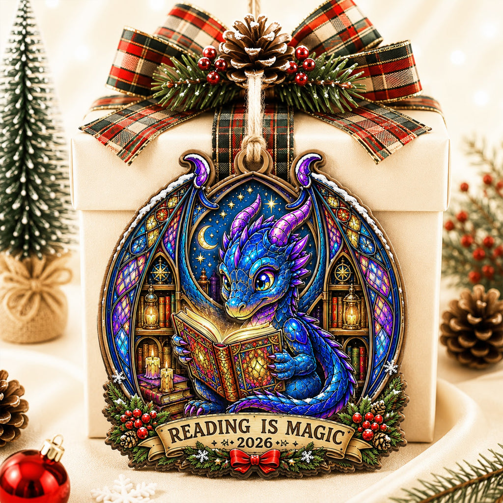 Dragon Book Fantasy Magic Christmas Ornament, Stocking Stuffer For Dragon Fan, Wood Ornament