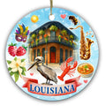 Brown Pelican, Wrought Iron Balconies, Crawfish and a Brass Saxophone. Ceramic Keepsake for Louisiana Memories.