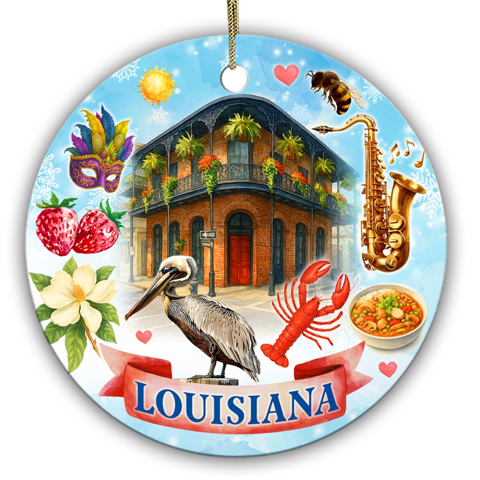 Brown Pelican, Wrought Iron Balconies, Crawfish and a Brass Saxophone. Ceramic Keepsake for Louisiana Memories.