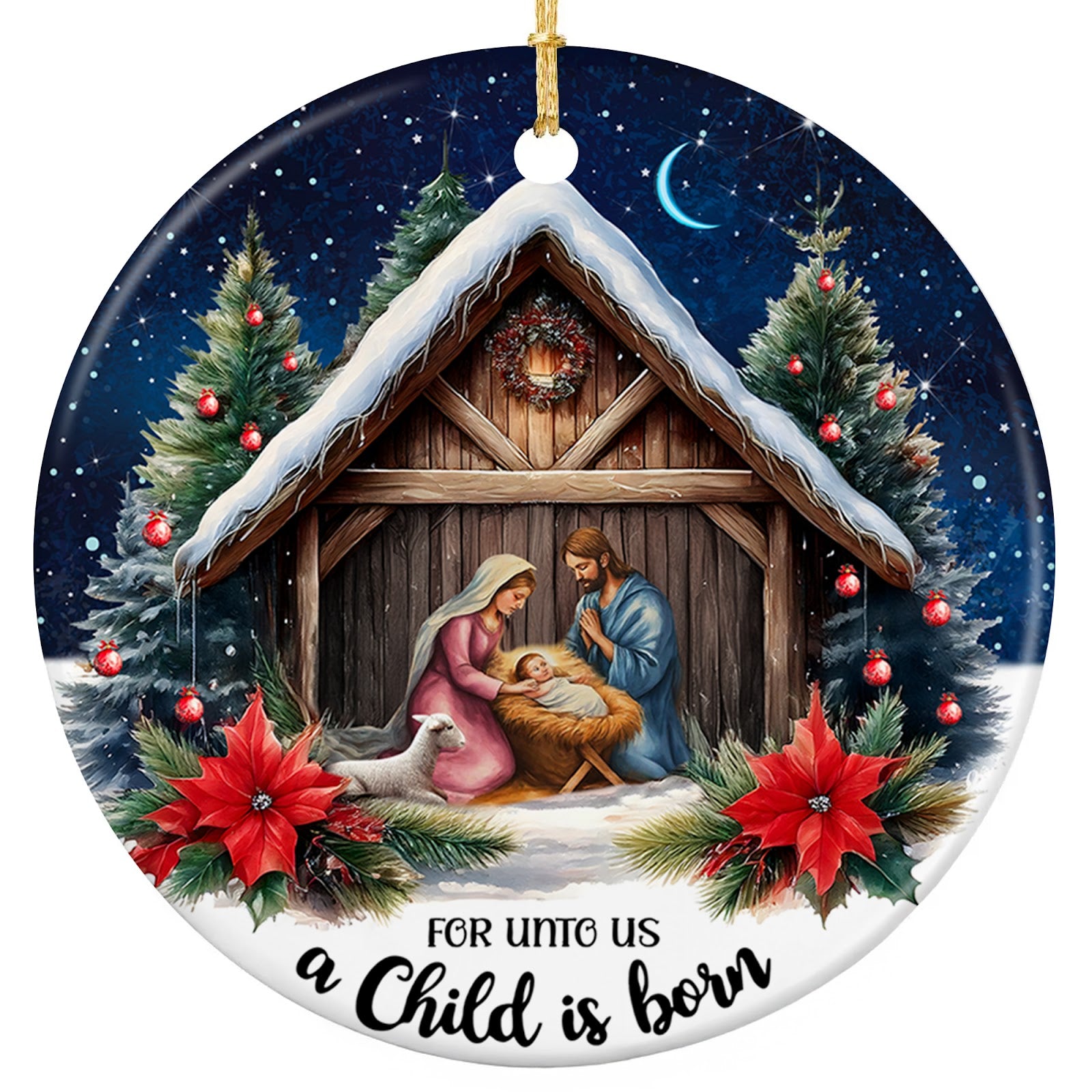 Mary in Pink and Joseph in Blue Kneeling at a Manger Inside a Snow Covered Stable. Ceramic Keepsake.