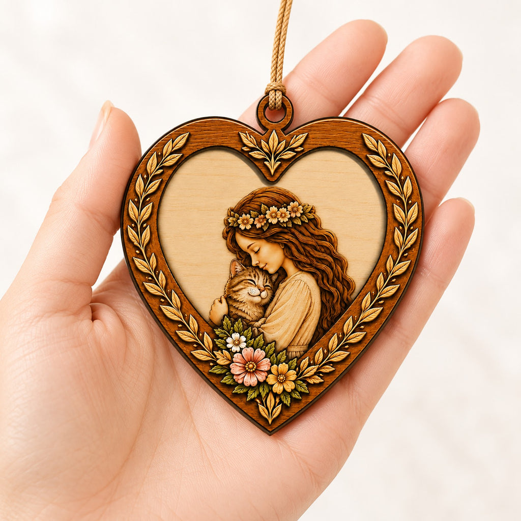 Girl Love Cat Christmas Ornament, Gift For Cat Girl, Wood Hanging Tree Decoration