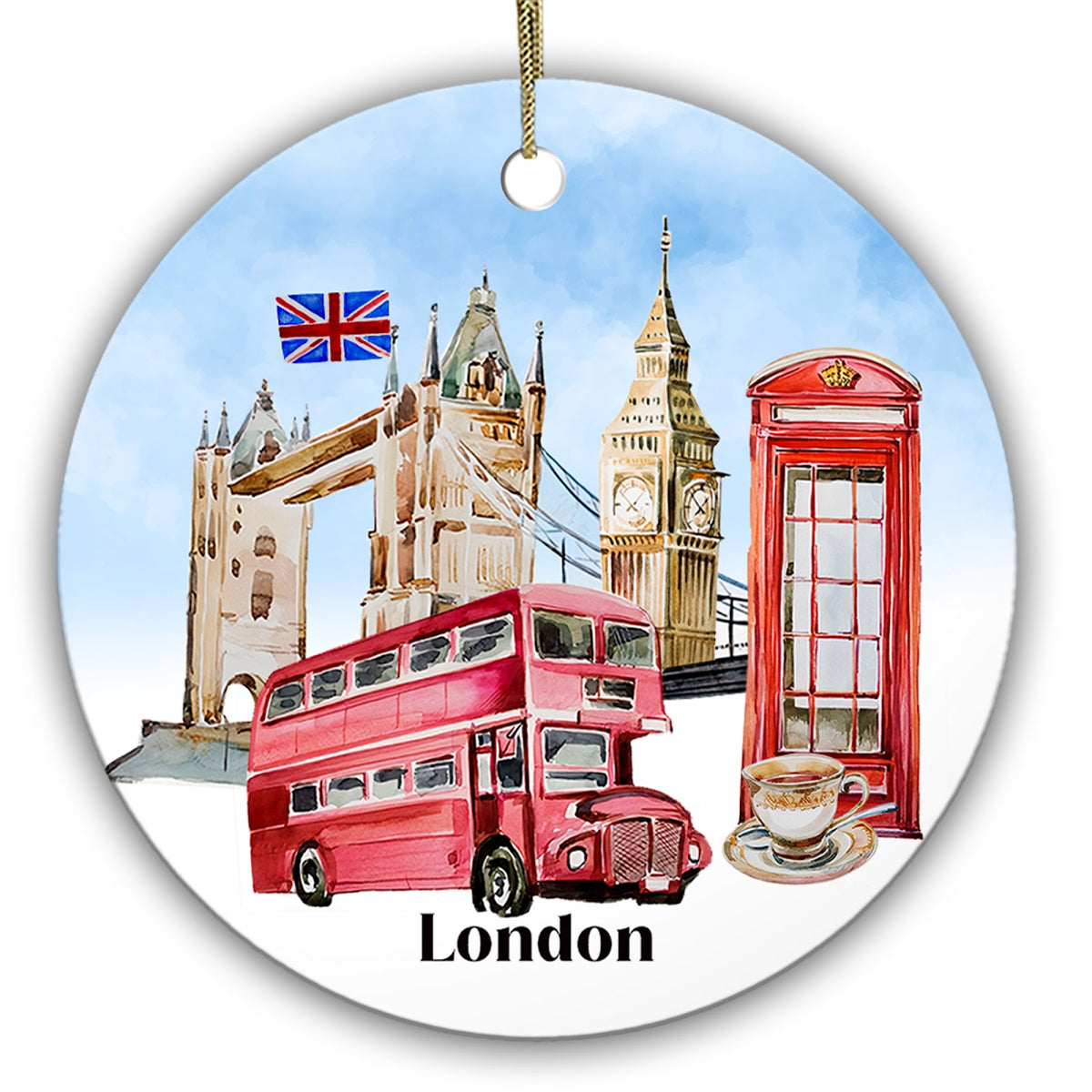 Watercolor London Landmarks With a Twin Tower Bridge, Clock Tower, Bus and Phone Box. Ceramic Keepsake.