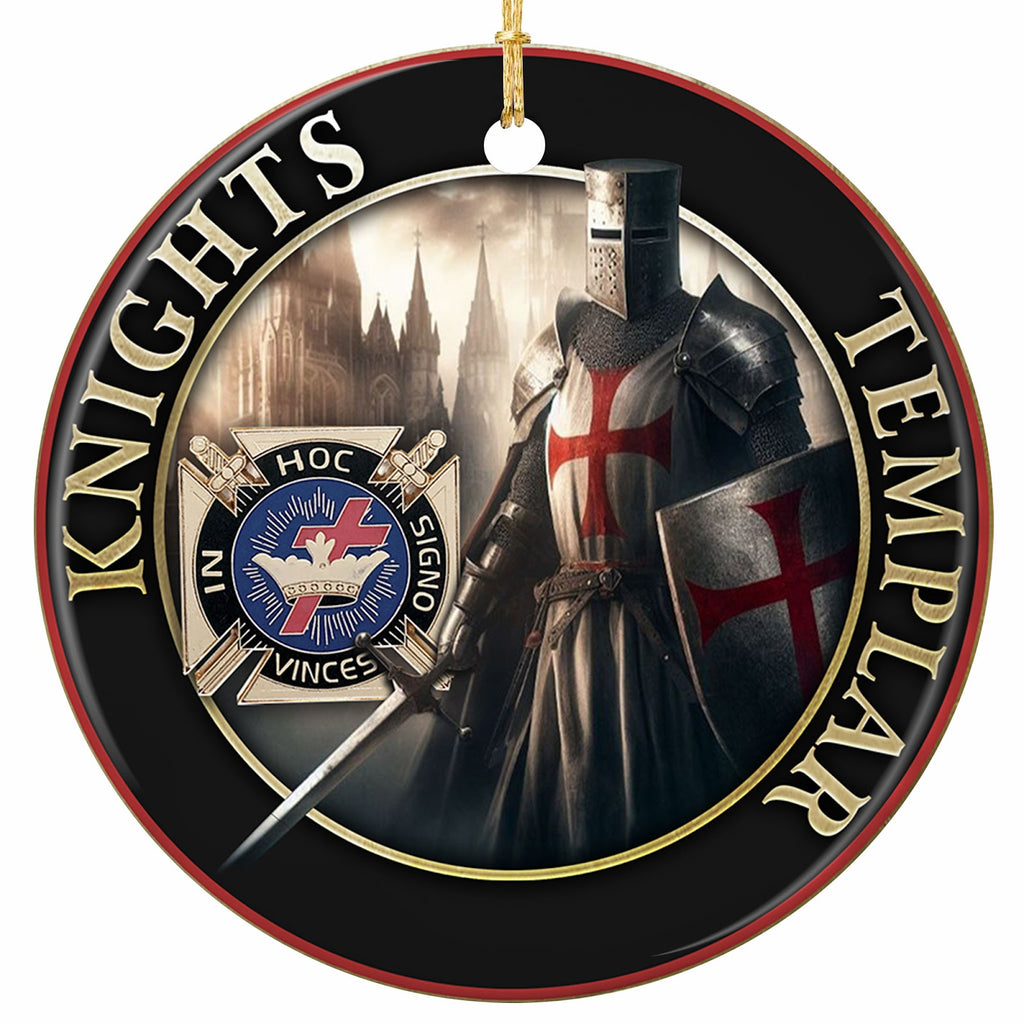 Armored Crusader and Cross Pattee Before a Gothic Skyline. Ceramic Keepsake for Templar and Fraternal Decor.