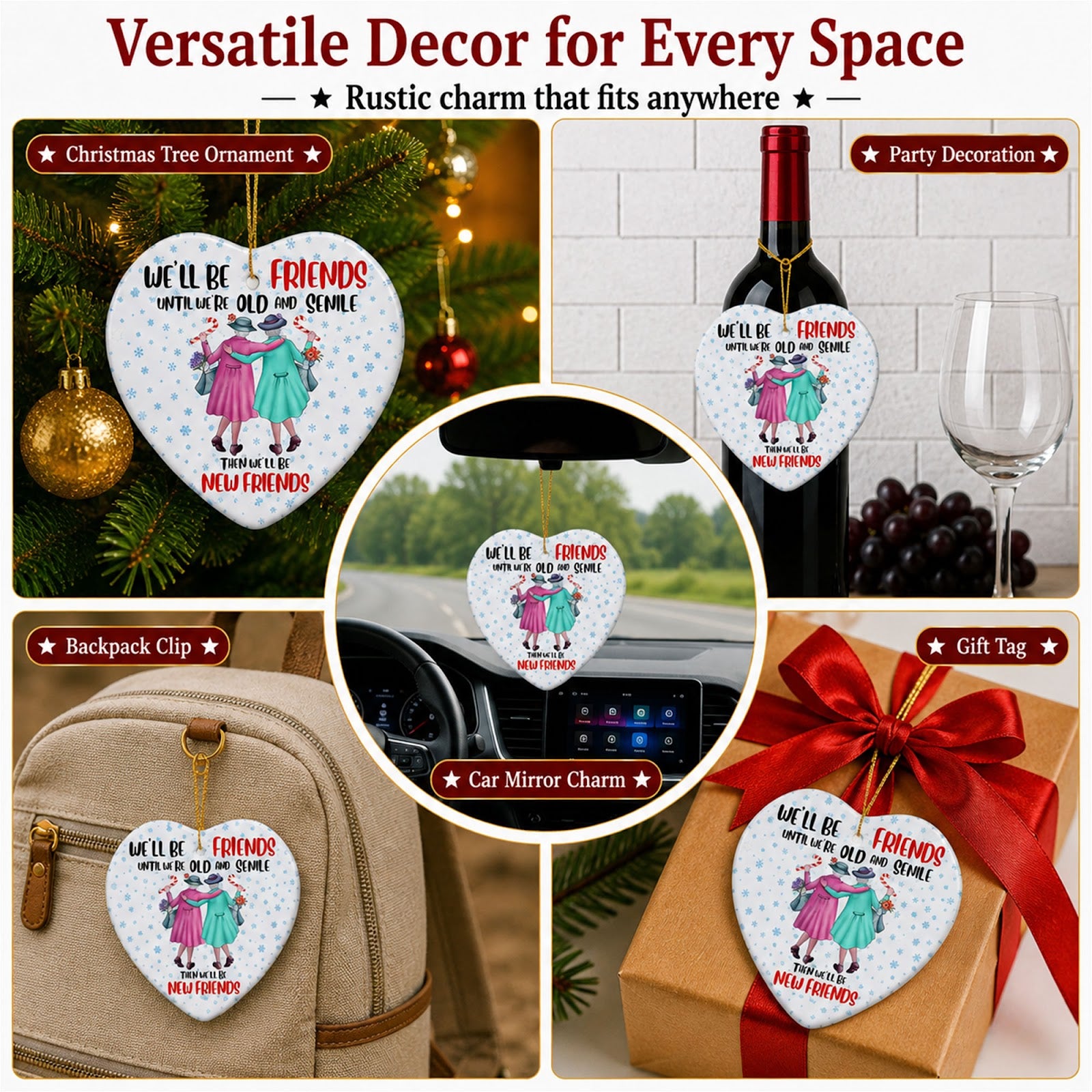 Best Friend Christmas Ornament, Funny Old And Senile Heart Gift, Ceramic Tree Decoration