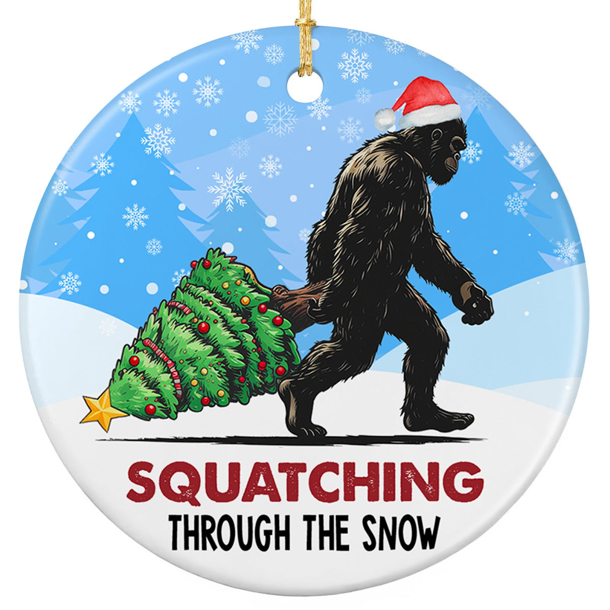 Brown Bigfoot in a Santa Hat Dragging a Decorated Tree Across the Snow. Ceramic Keepsake for Cryptid Fans.