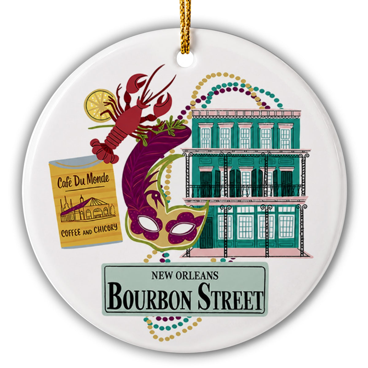 Crawfish, Carnival Mask and a French Quarter Balcony. Ceramic Keepsake for New Orleans Travel Memories.
