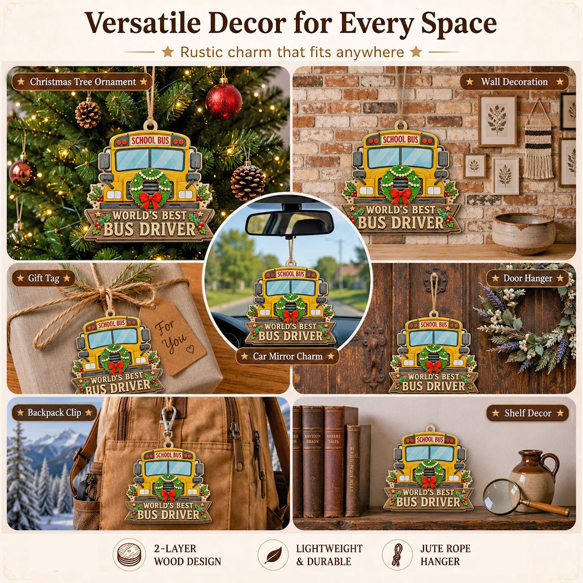 School Bus Driver Wood Christmas Ornament