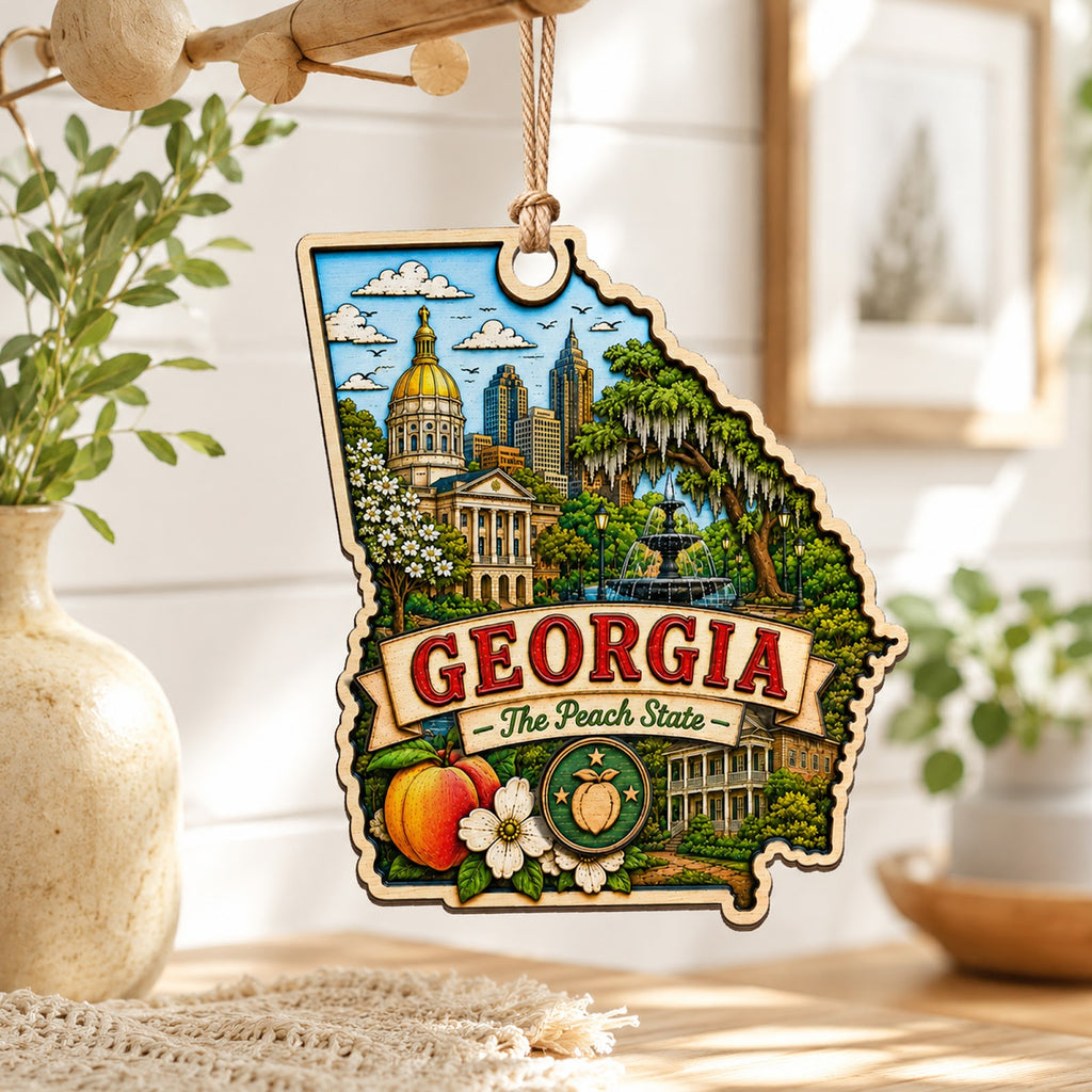 Georgia Christmas Ornament, Peach and Savannah Magnolia Souvenir Gift, Wood Tree Decoration