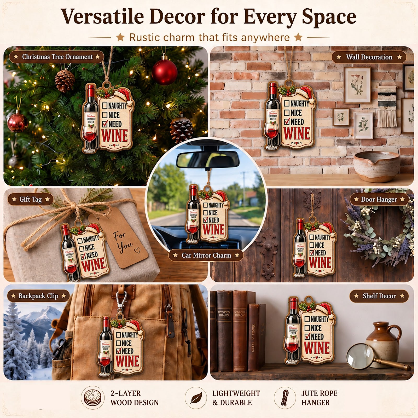 Wine Bottle Wood Christmas Ornament