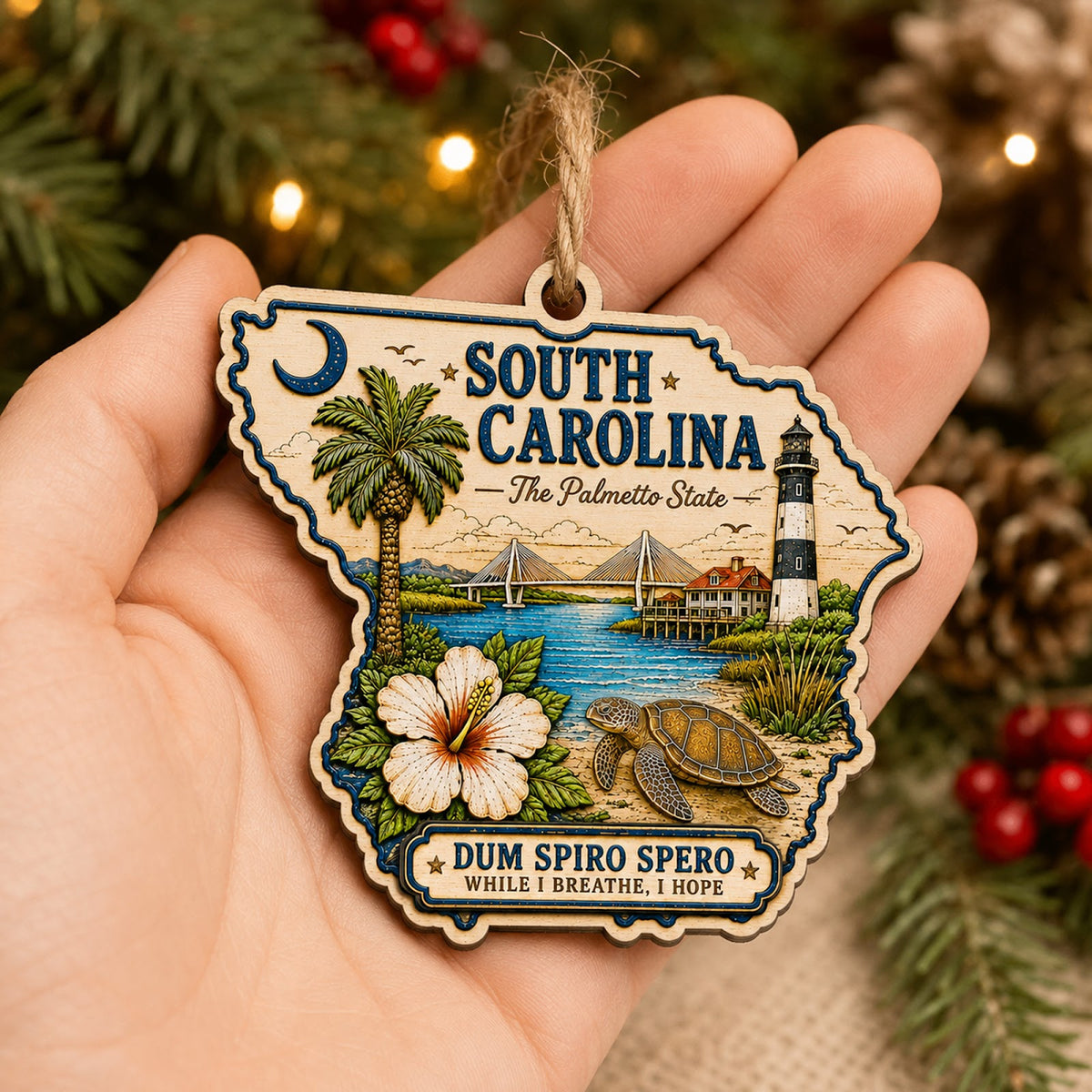South Carolina Christmas Ornament, Palmetto Moon Lowcountry Souvenir Gift, Wood Tree Decoration