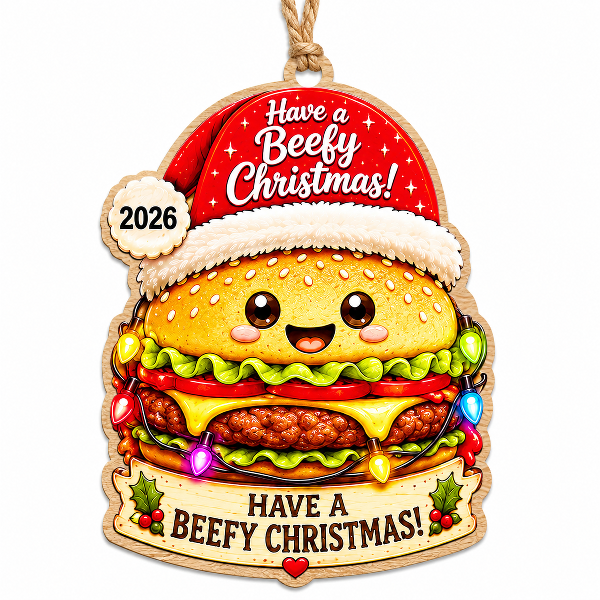 Kawaii Cheeseburger With Melted Cheese Wears A Santa Hat And Lights. Fun Gift For Burger Loving Foodies.