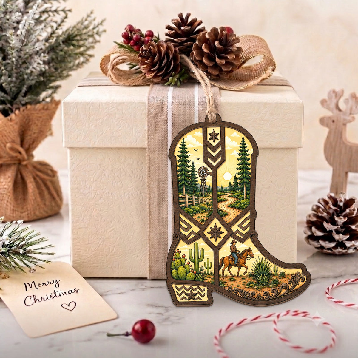 Western Boot Cowboy Country Christmas Ornament, Stocking Stuffer For Cowgirl, Wood Ornament