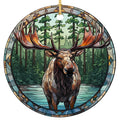 Bull Moose With Broad Antlers Wading a Pine-Rimmed Lake. Ceramic Keepsake for Cabin, Lodge and Hunting Decor.