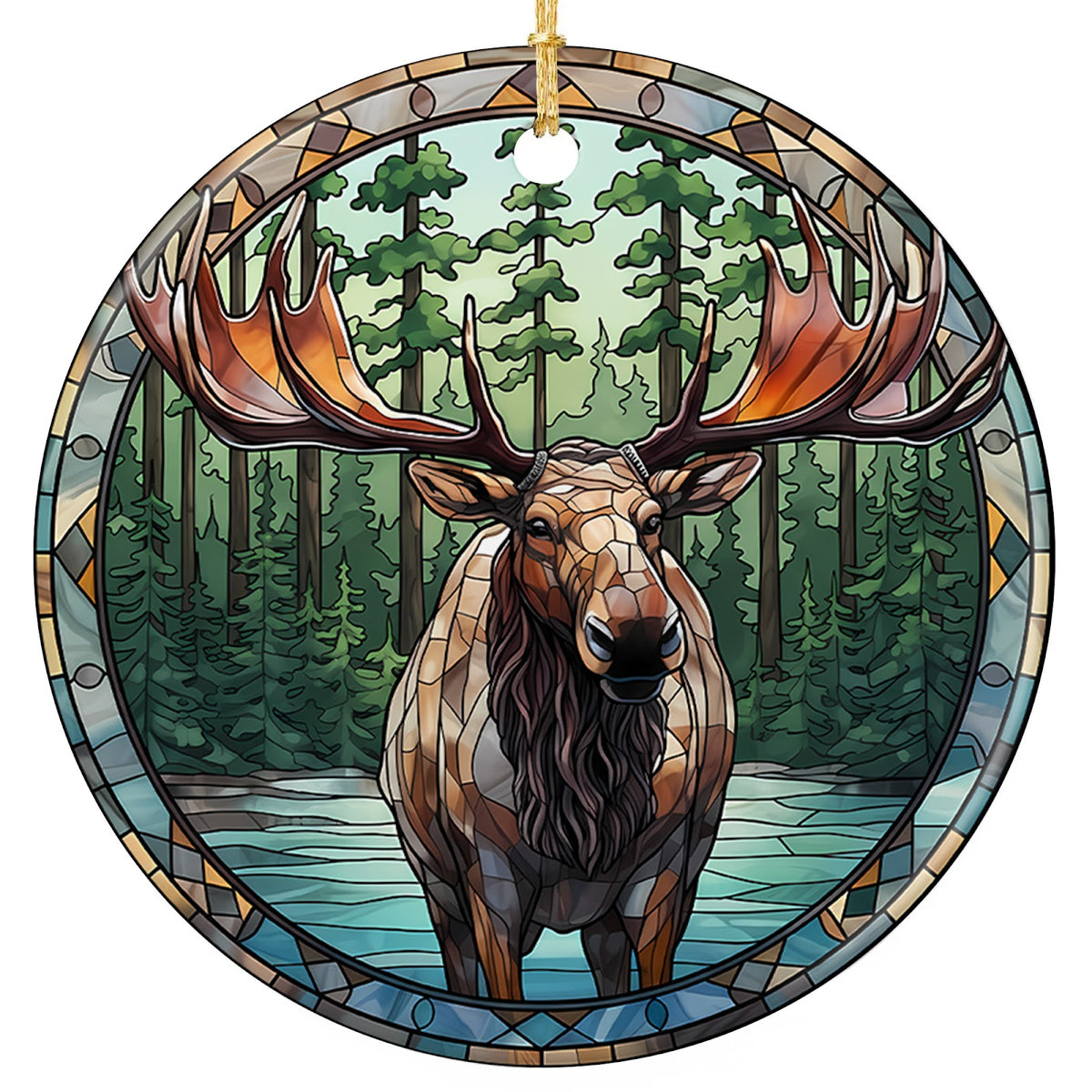 Bull Moose With Broad Antlers Wading a Pine-Rimmed Lake. Ceramic Keepsake for Cabin, Lodge and Hunting Decor.