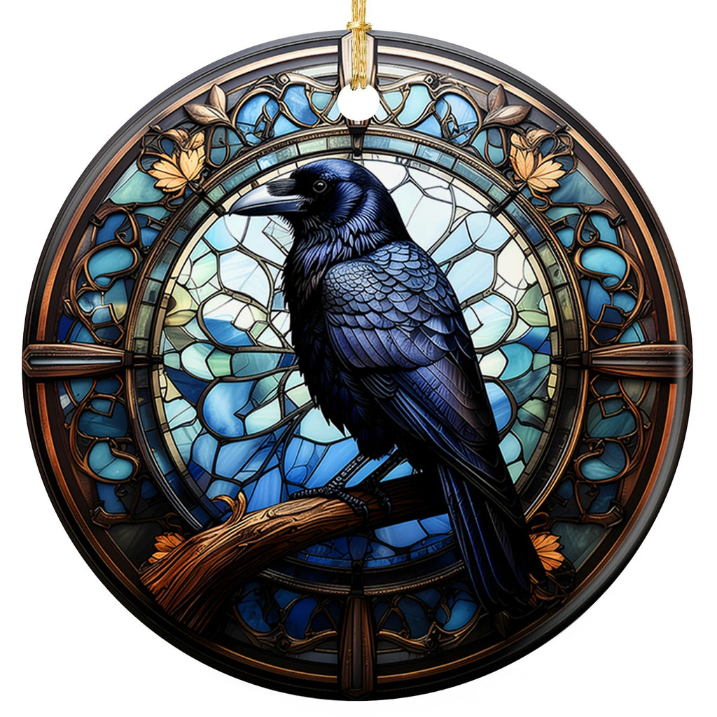 Iridescent Raven on a Bronze Branch Before a Cathedral Rose Window in an Art Nouveau Frame. Ceramic Keepsake.