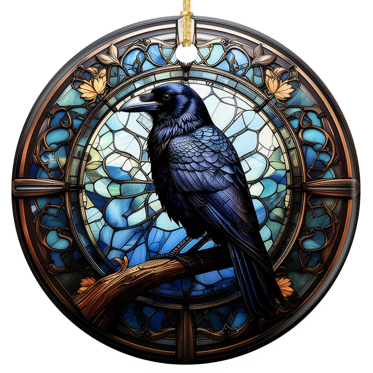 Iridescent Raven on a Bronze Branch Before a Cathedral Rose Window in an Art Nouveau Frame. Ceramic Keepsake.