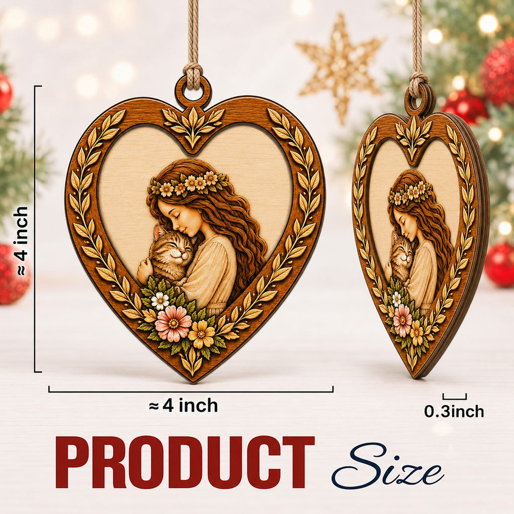 Girl Love Cat Christmas Ornament, Gift For Cat Girl, Wood Hanging Tree Decoration